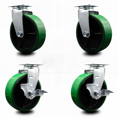 6 Inch Green Poly On Cast Iron Swivel Caster Set With Roller Bearings 2 Brakes